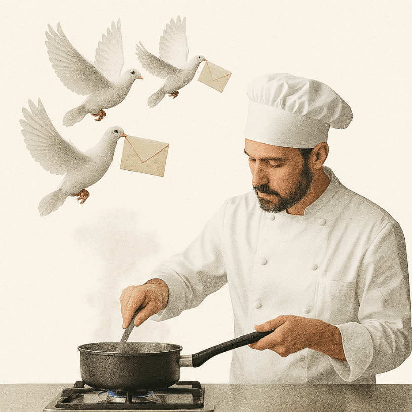 Chef cooking while Dinevate handles email marketing
