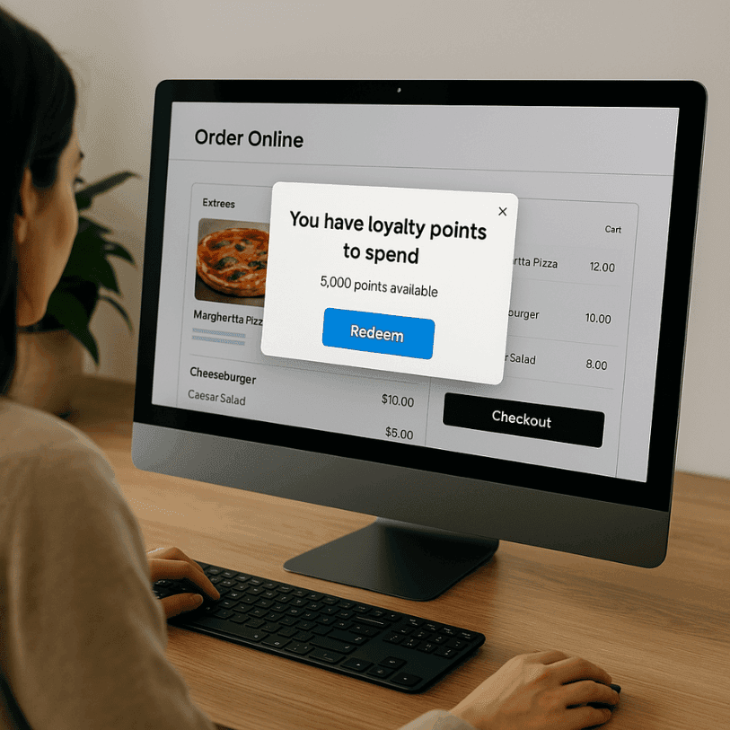 Customer looks at computer screen, pop up shows loyalty points