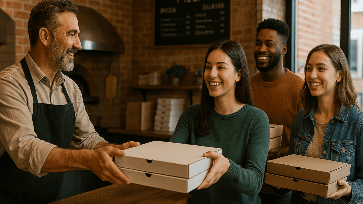 At a pizza shop, the owner gives customers their pickup orders.