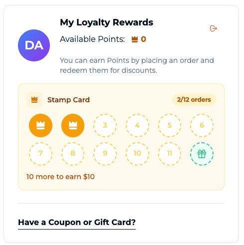 Digital stamp card in Dinevate online ordering — collect stamps per order and unlock a reward