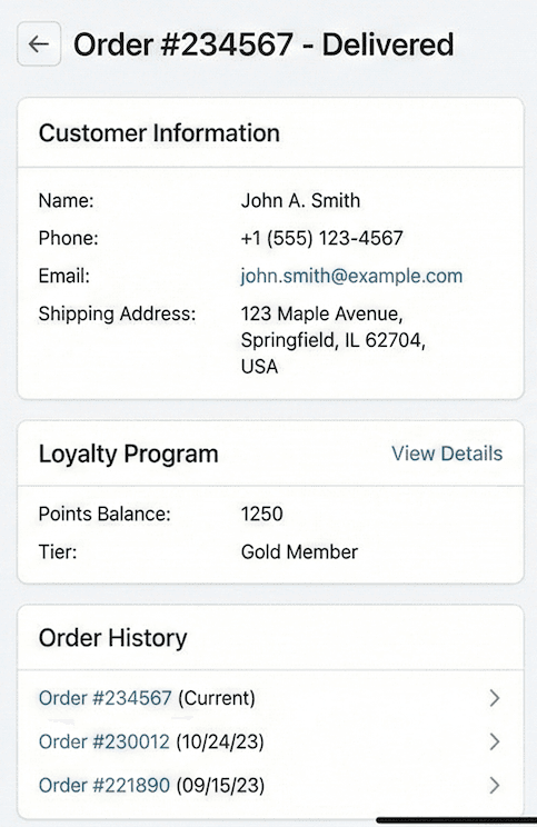 Customer data and order history in Dinevate