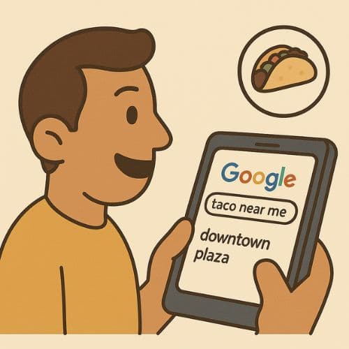 Person searching 'sushi near downtown plaza' on a phone