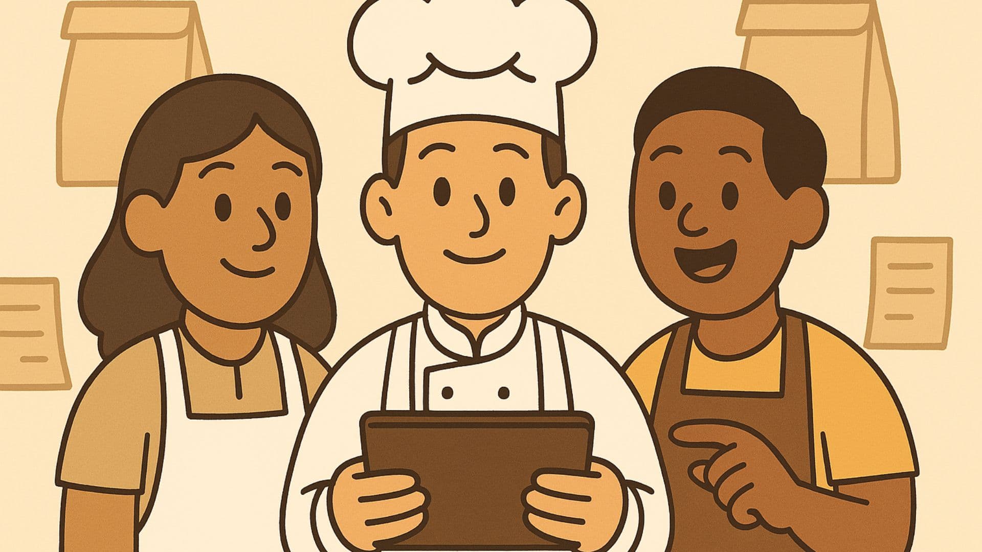 Restaurant staff managing online orders from a tablet