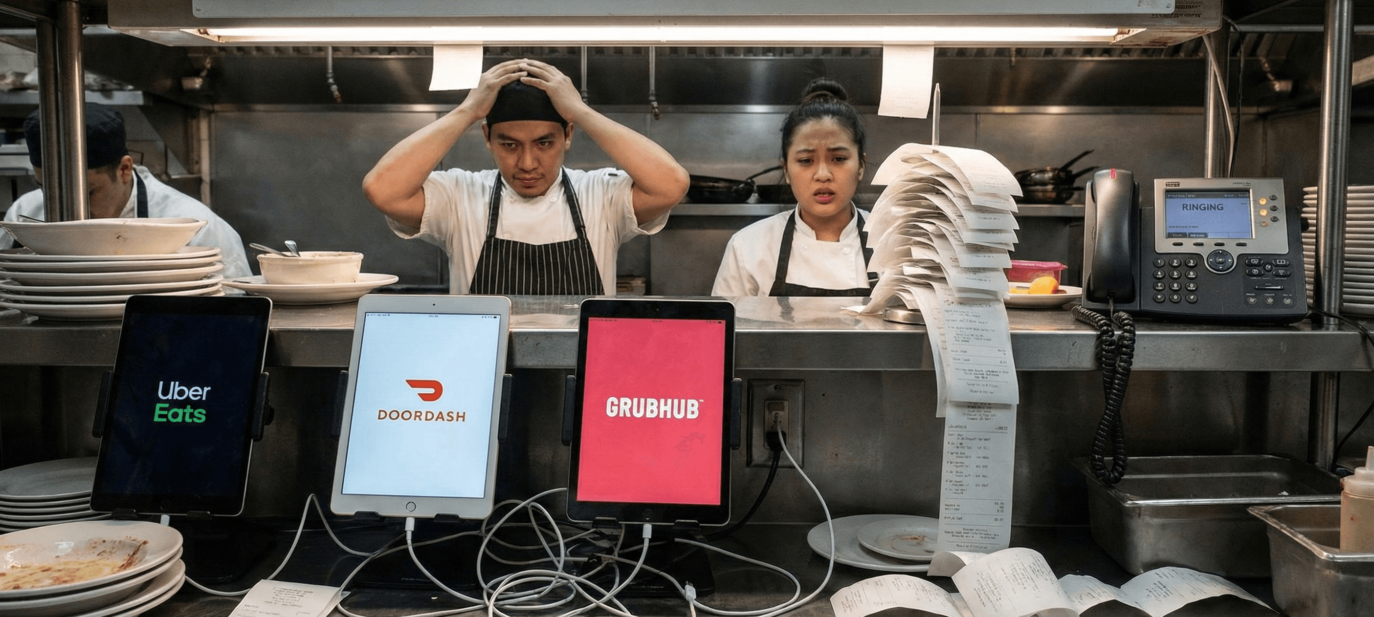 Chaotic restaurant scene with multiple tablets from different delivery apps, stressed staff