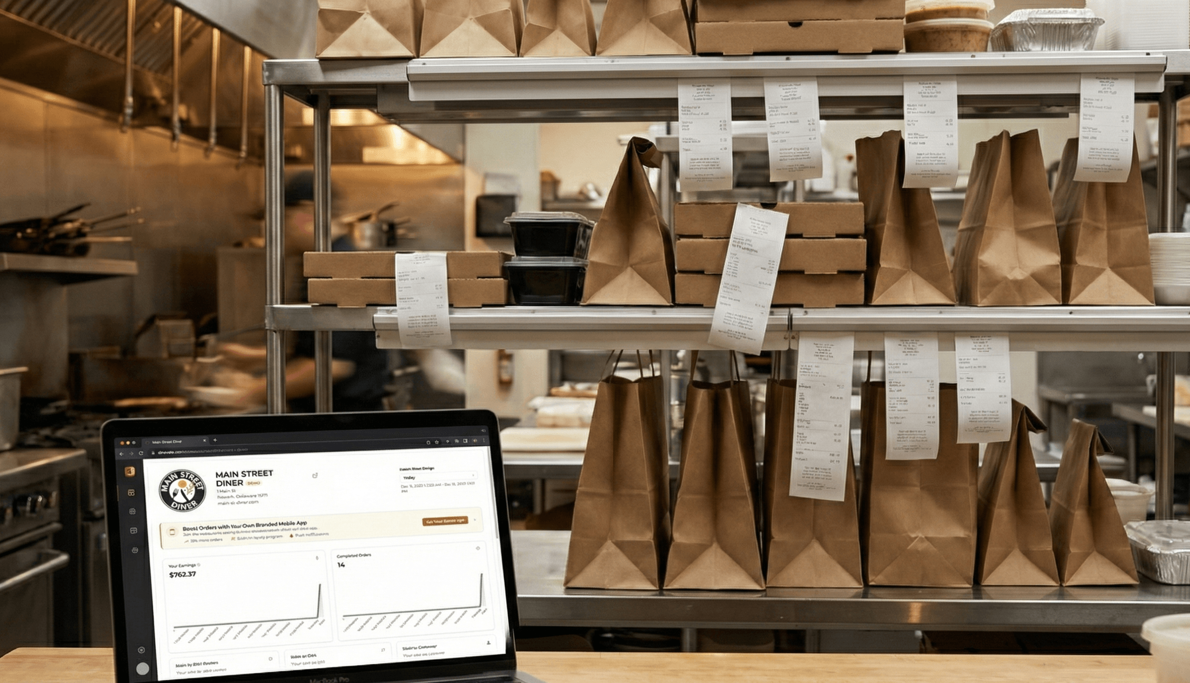 Calm restaurant scene with single Dinevate dashboard, relaxed staff and happy customers