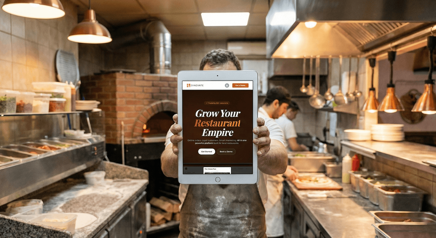 Cook in a local pizzeria kitchen holding an iPad with Dinevate homepage