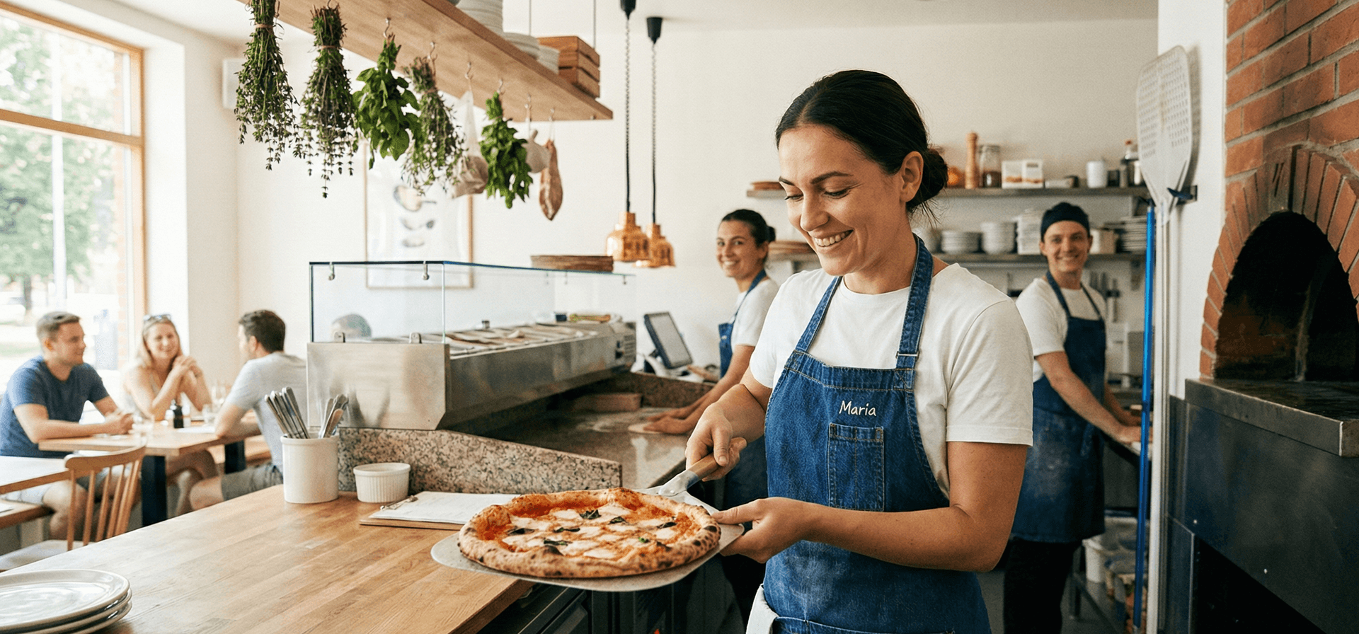 Calm, organized pizzeria with single Dinevate tablet and organized order queue